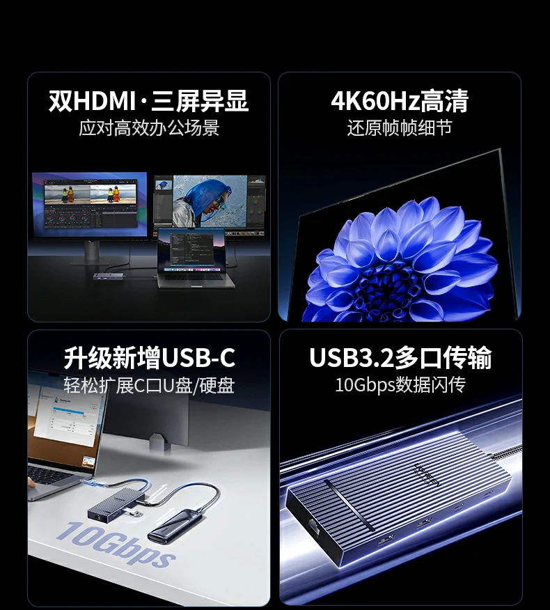 恒行6CM886扩展坞三屏异显效果展示，满足多任务办公需求