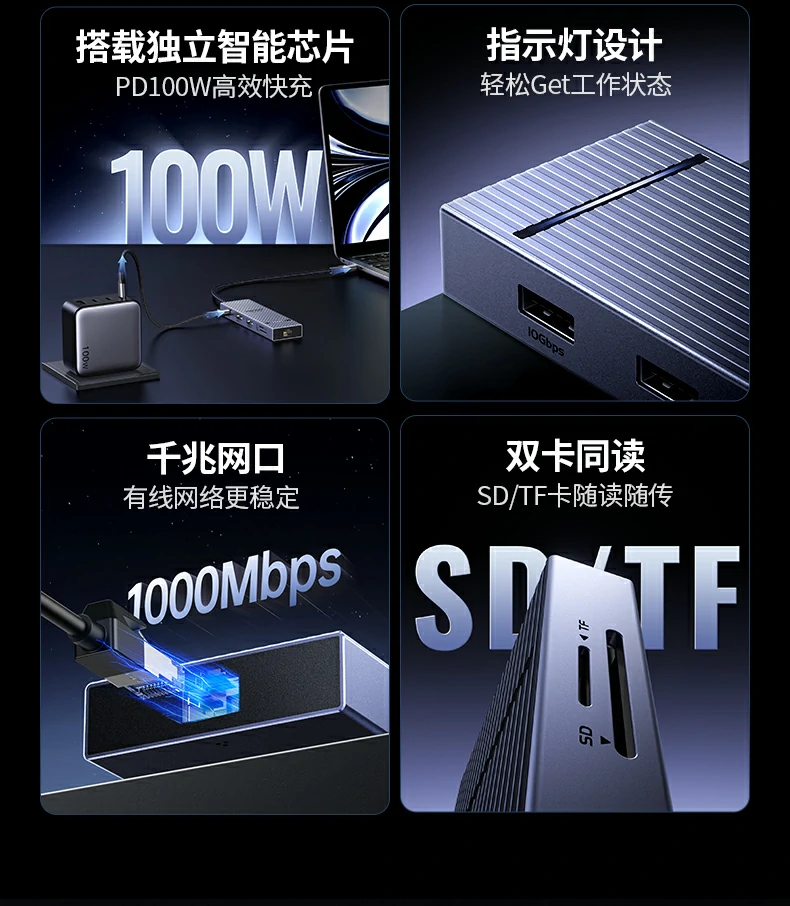 恒行6双HDMI扩展坞支持4K@60Hz高清输出，画面细腻流畅
