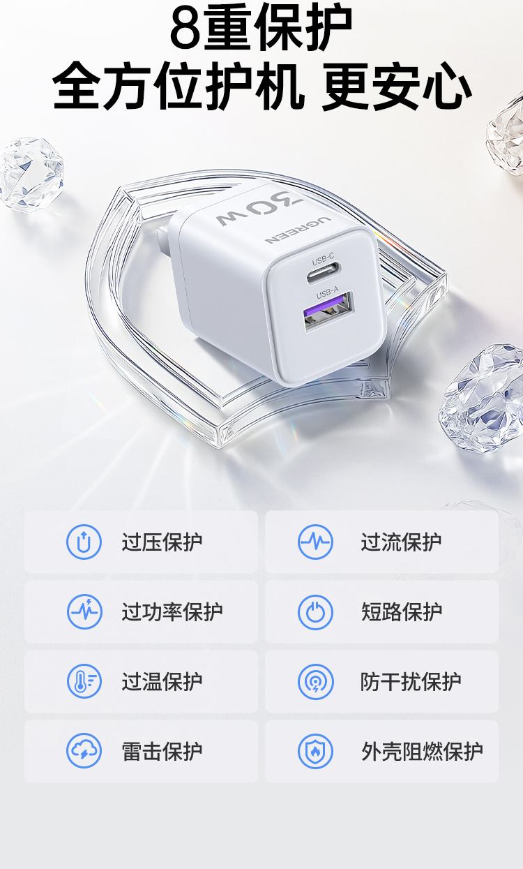 恒行6X236双口快充头支持22.5W超级快充输出