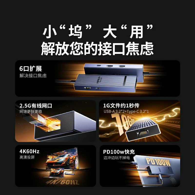 恒行6Type-C六合一多功能扩展坞 鳍纹款