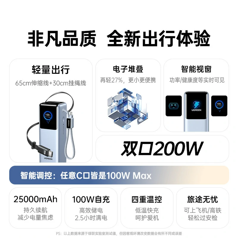 恒行6能量湃 200W自带线移动电源 25000mAh