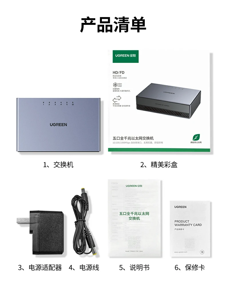 恒行6CM633五口全千兆交换机全家福及核心参数汇总图